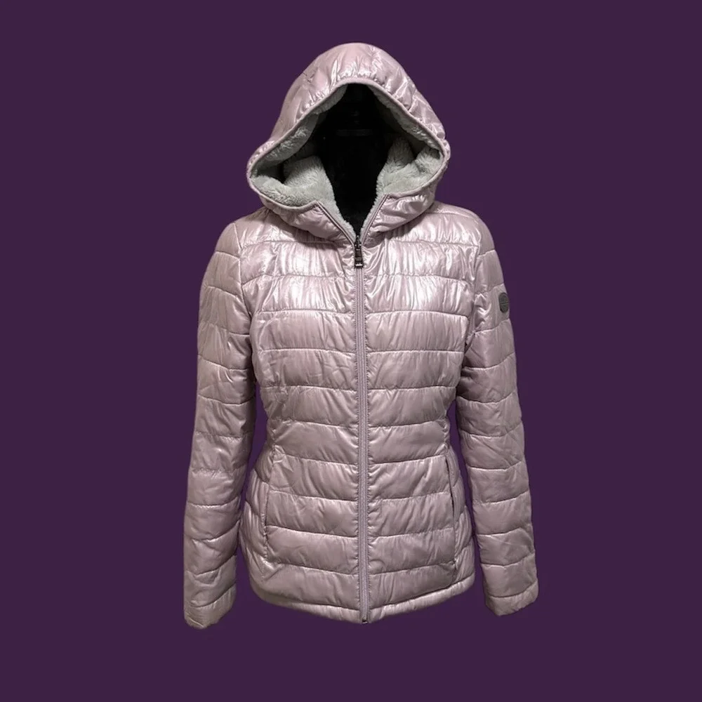 Andrew Marc Womens Reversible Puffer Fleece Hooded Jacket Lilac‎ Grey S